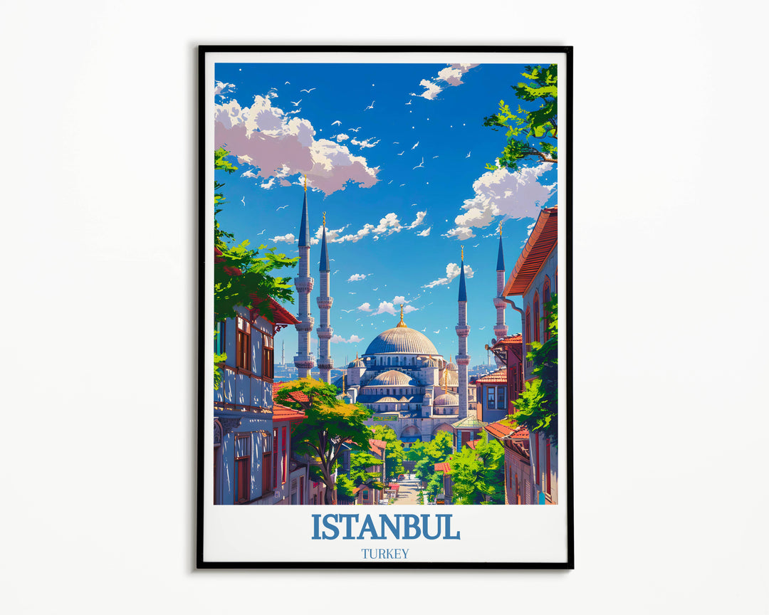 A vibrant Turkey poster highlighting the Blue Mosque and its role in Istanbuls cultural landscape.