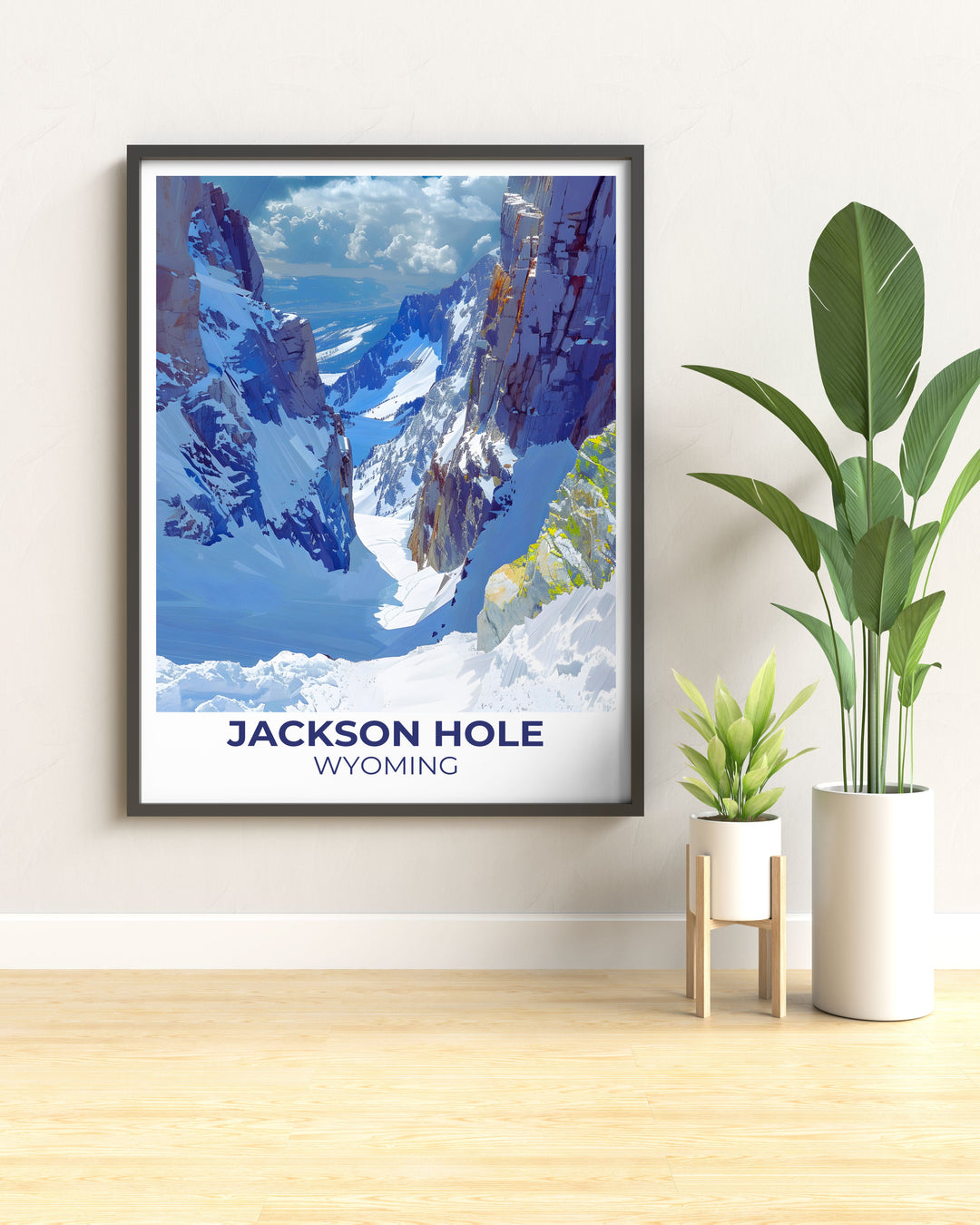 Travel poster of Jackson Hole highlighting famous landmarks and natural beauty, great for adventure seekers