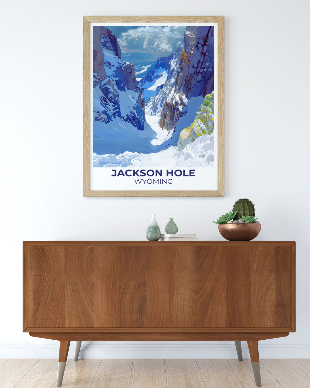 Custom print of Corbets Couloir showing skiers tackling the challenging slopes, perfect for a sports-themed room