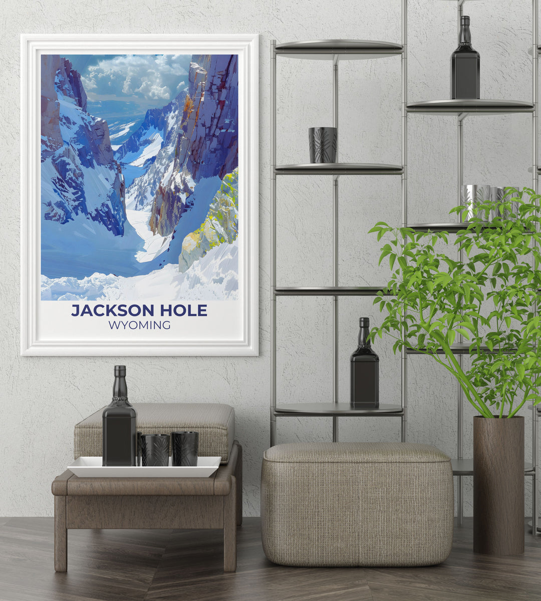 Art print featuring a panoramic view of Jackson Hole during sunrise, ideal for adding a touch of tranquility to your living space