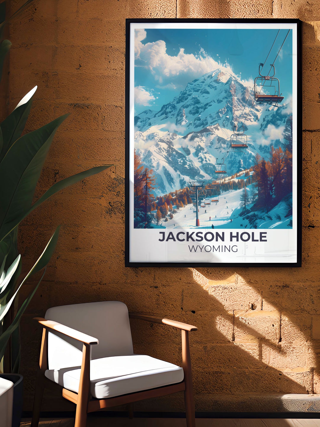 Vintage style art print of Jackson Hole ski resort capturing the thrill of downhill skiing in a rustic design