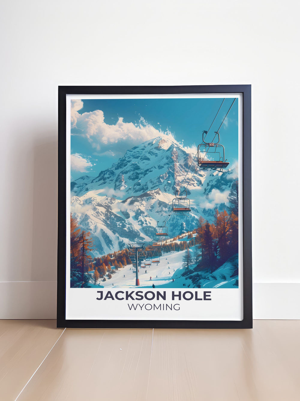 Framed print of Rendezvous Mountain capturing the snow covered peaks and skier silhouettes perfect for ski lovers