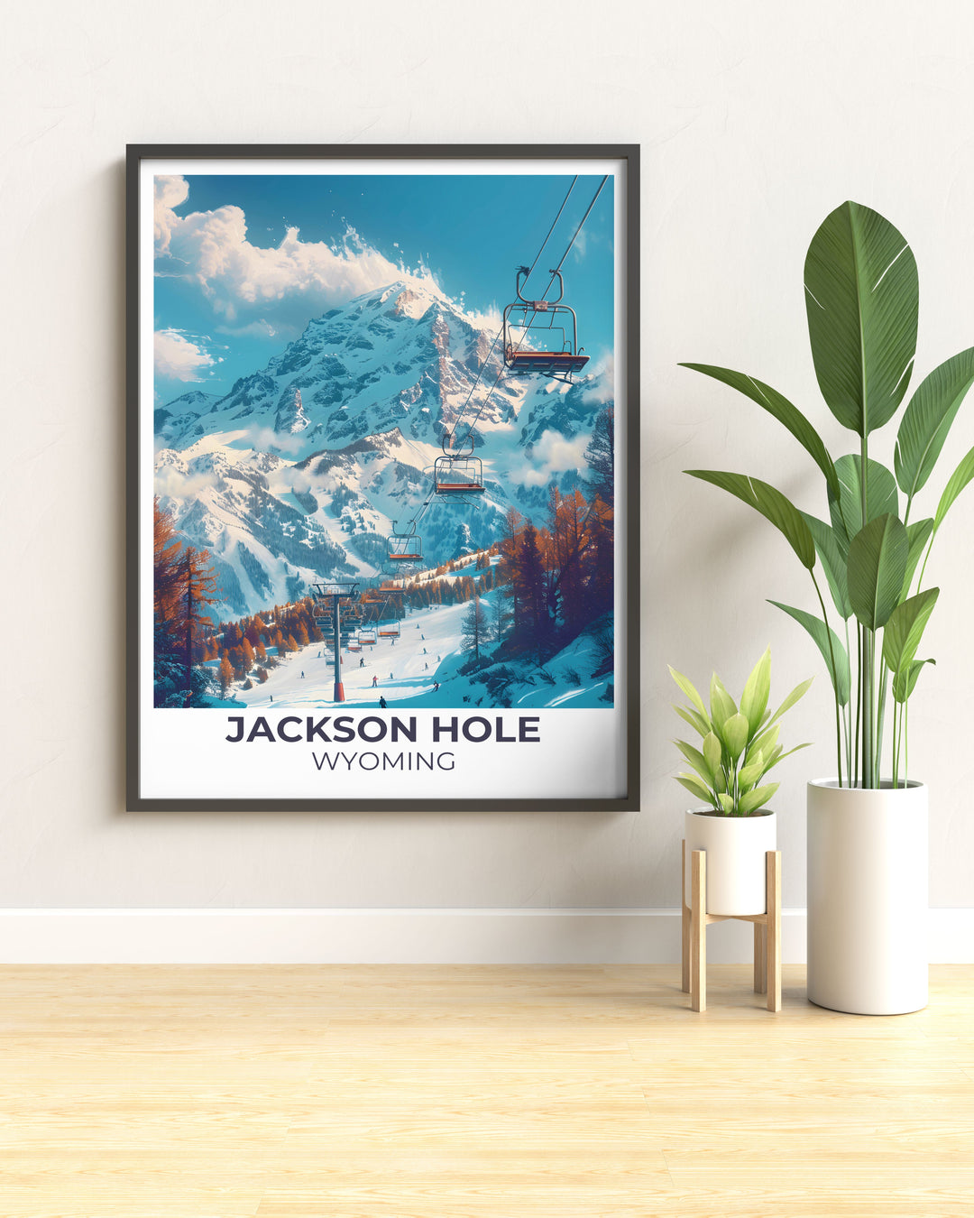 Custom print of Jackson Hole highlighting both summer and winter scenes tailored for personal home aesthetics