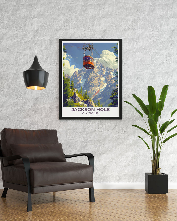 Poster of Jackson Holes ski slopes and tram tower perfect for decorating a winter holiday home or ski lodge