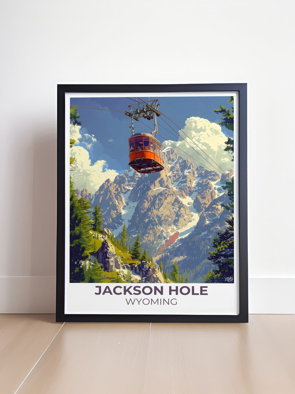 Art print featuring the tram tower in Jackson Hole with mountainous background ideal for ski enthusiasts and mountaineers