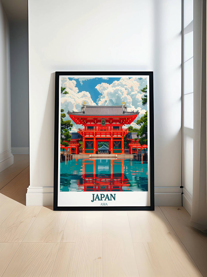 Detailed artistic rendition of the Itsukushima Shrine viewed from a distance, with the forested Miyajima Island in the backdrop and soft mist hovering above the water.