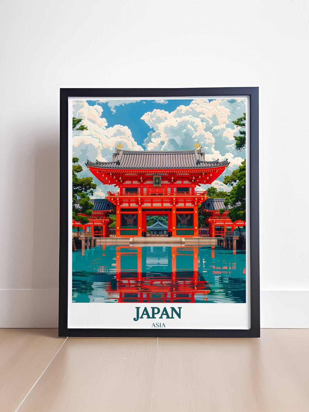 Vibrant watercolor print of cherry blossoms in full bloom with the Itsukushima Shrine's torii gate subtly appearing through the flowers.