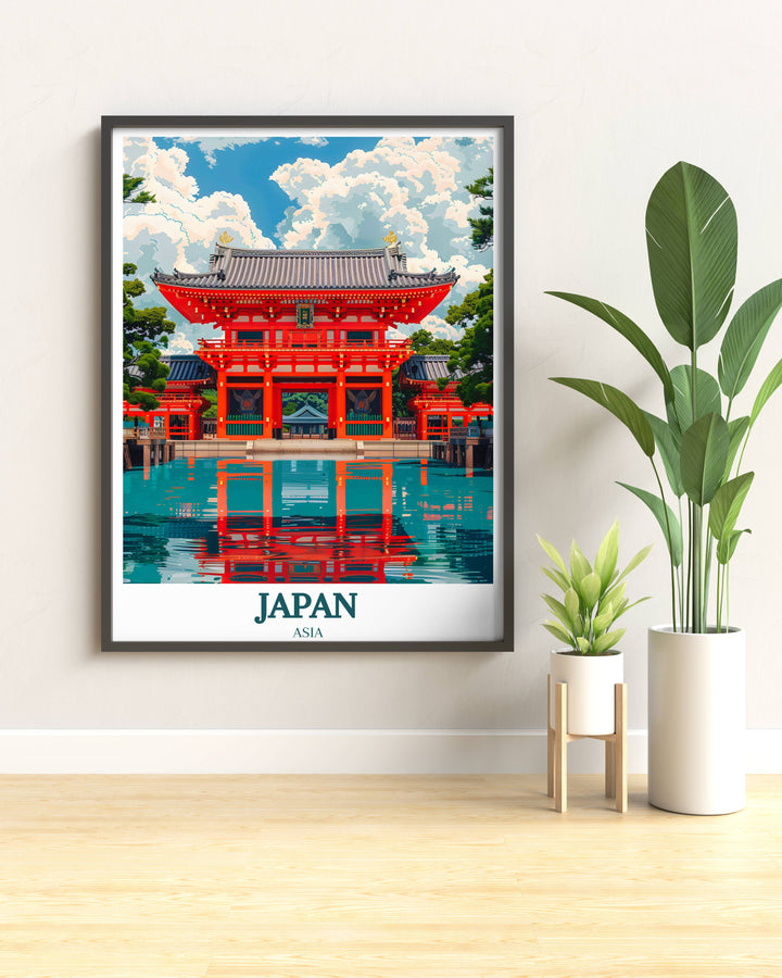 Minimalist line art depicting a serene view of the Itsukushima Shrine with detailed strokes emphasizing the architectural beauty.