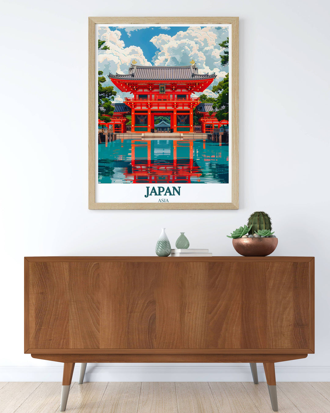 A tranquil scene featuring the Itsukushima Shrine with its famous floating torii gate during high tide, the sun setting in the background creating a silhouette against the calm waters.