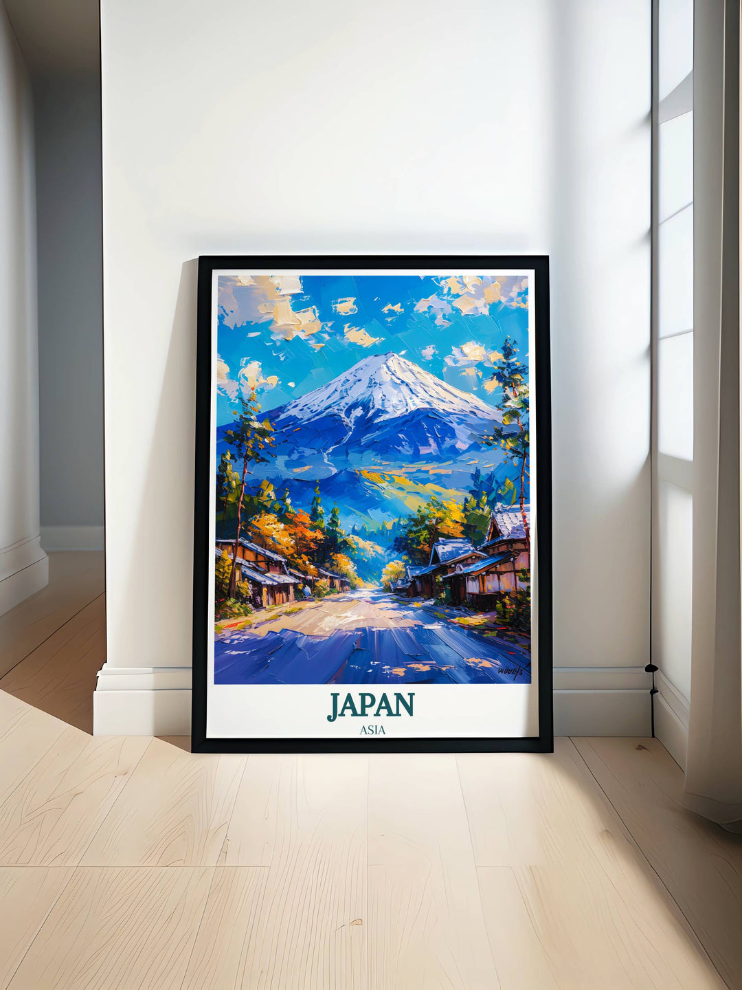 Japan travel print featuring Mount Fuji, perfect for adorning walls with Japanese charm, ideal for art lovers.