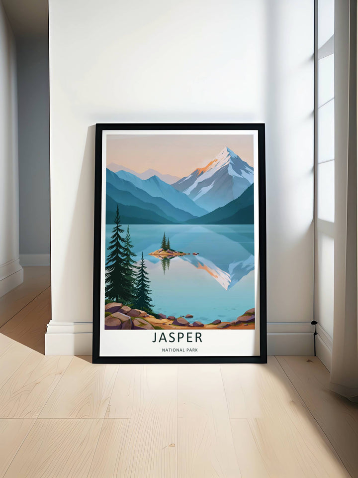 Minimalist Jasper National Park travel poster of the iconic Maligne Lake mountain path without text, customizable as a textured canvas piece, an unframed art print, or a premium wood framed wall accent.