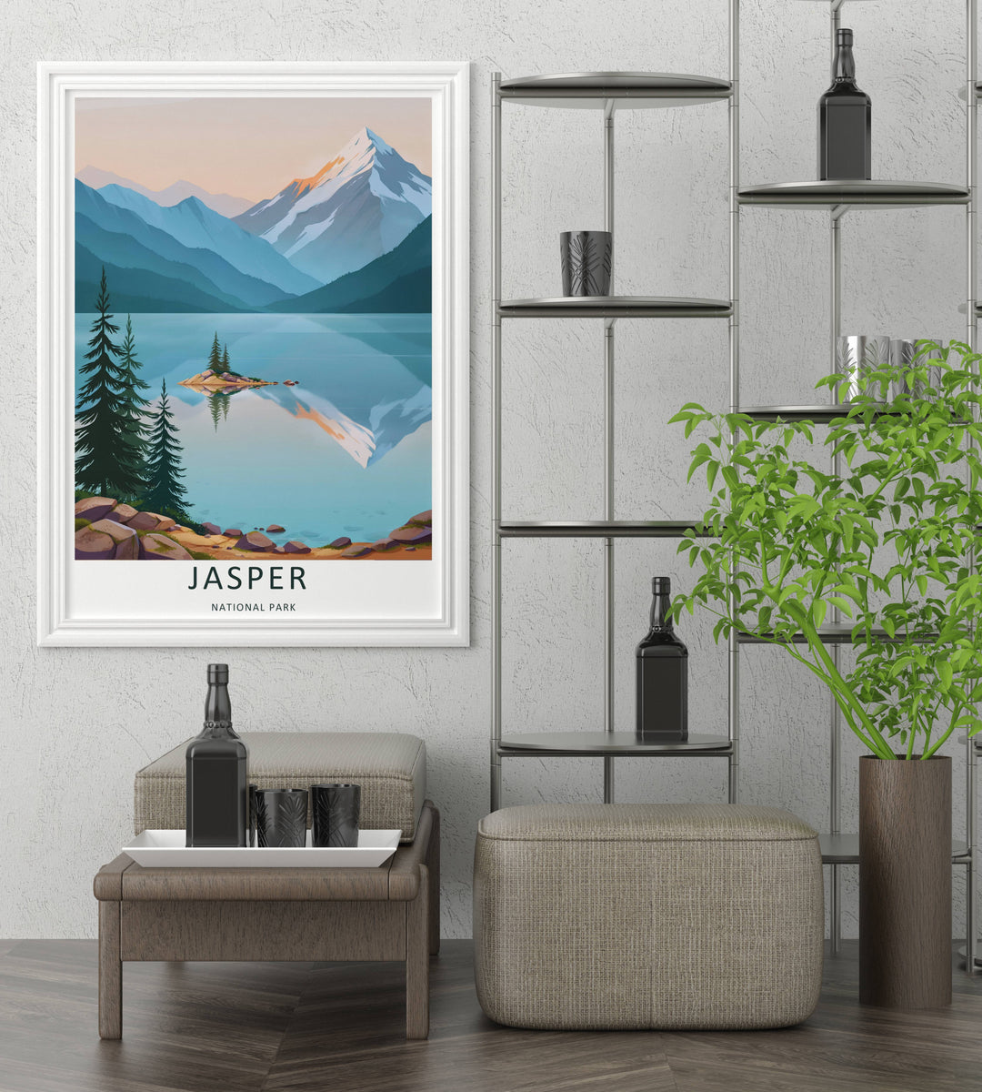 A detailed artistic Jasper National Park travel poster featuring a soft peach and amber dawn sky over the Canadian Rockies, selectable as an elegant canvas, a minimalist unframed poster, or a grey framed display.
