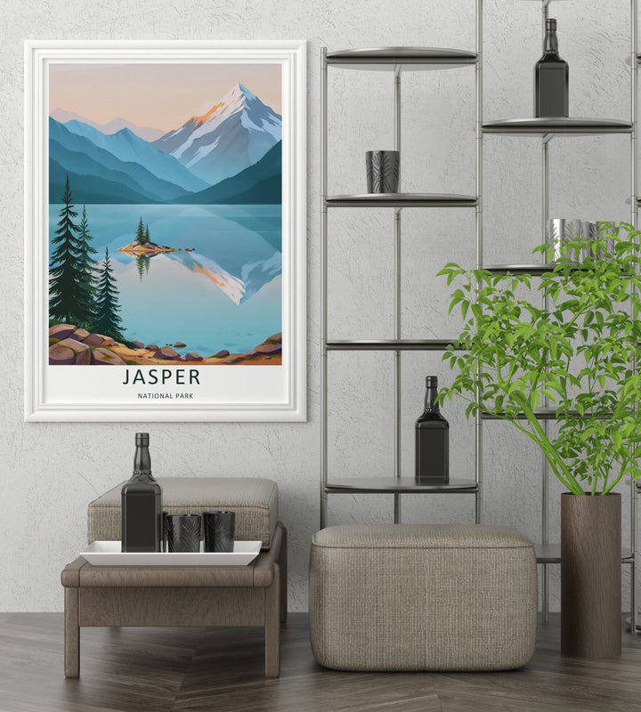 A detailed artistic Jasper National Park travel poster featuring a soft peach and amber dawn sky over the Canadian Rockies, selectable as an elegant canvas, a minimalist unframed poster, or a grey framed display.