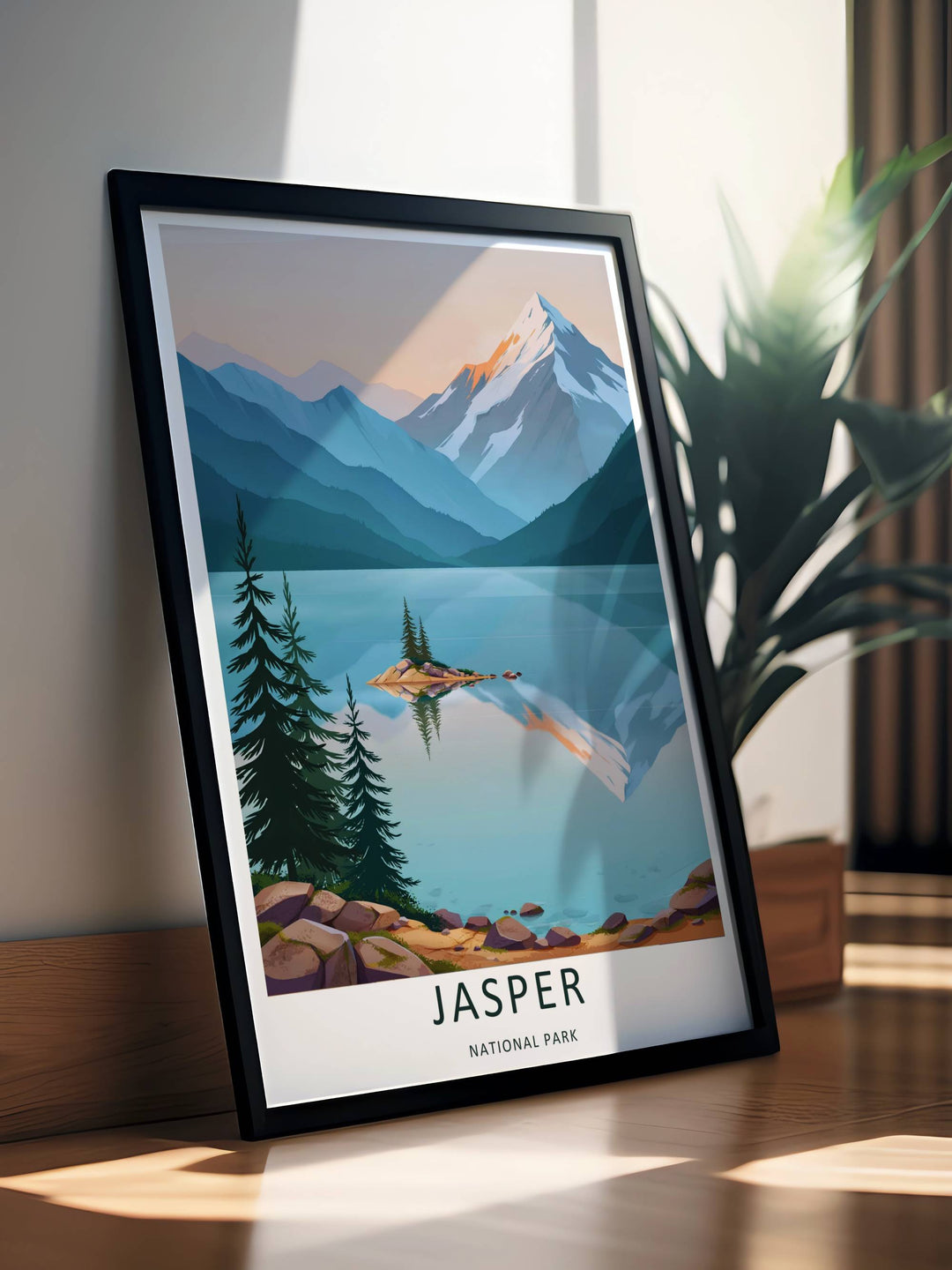 Colorful graphic illustration print of the famous Spirit Island lookout in Jasper National Park, crafted as a premium canvas print, an unframed poster, or a gold framed gallery wall statement piece.