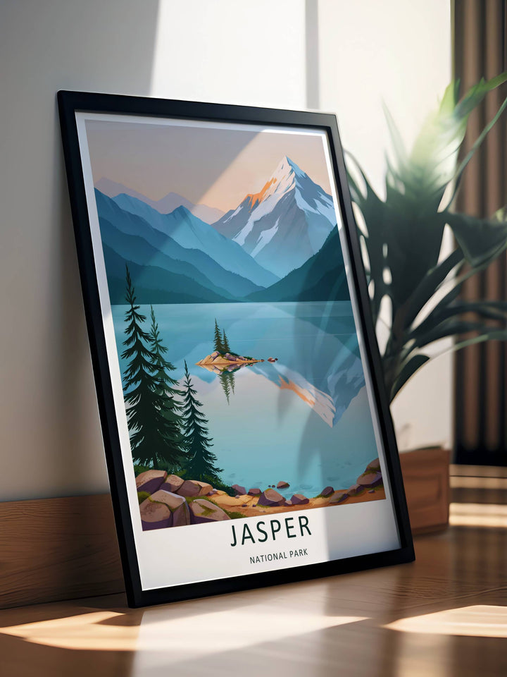 Colorful graphic illustration print of the famous Spirit Island lookout in Jasper National Park, crafted as a premium canvas print, an unframed poster, or a gold framed gallery wall statement piece.