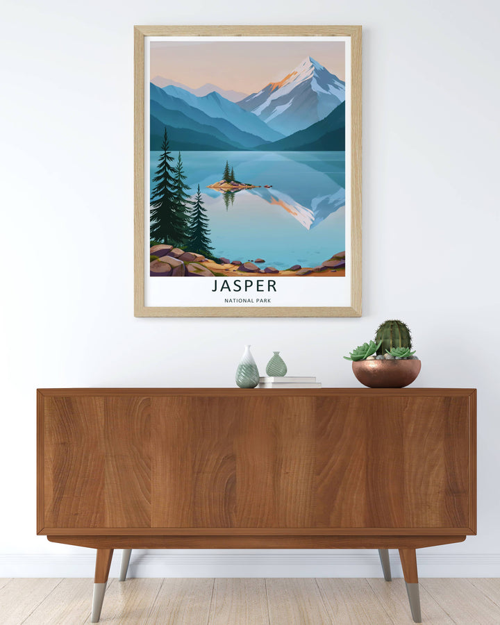 Modern wall art featuring a retro graphic vector layout of the classic mountain valleys in Jasper National Park, which can be ordered as a stretched canvas, an unframed poster, or a pure gold framed luxury print.