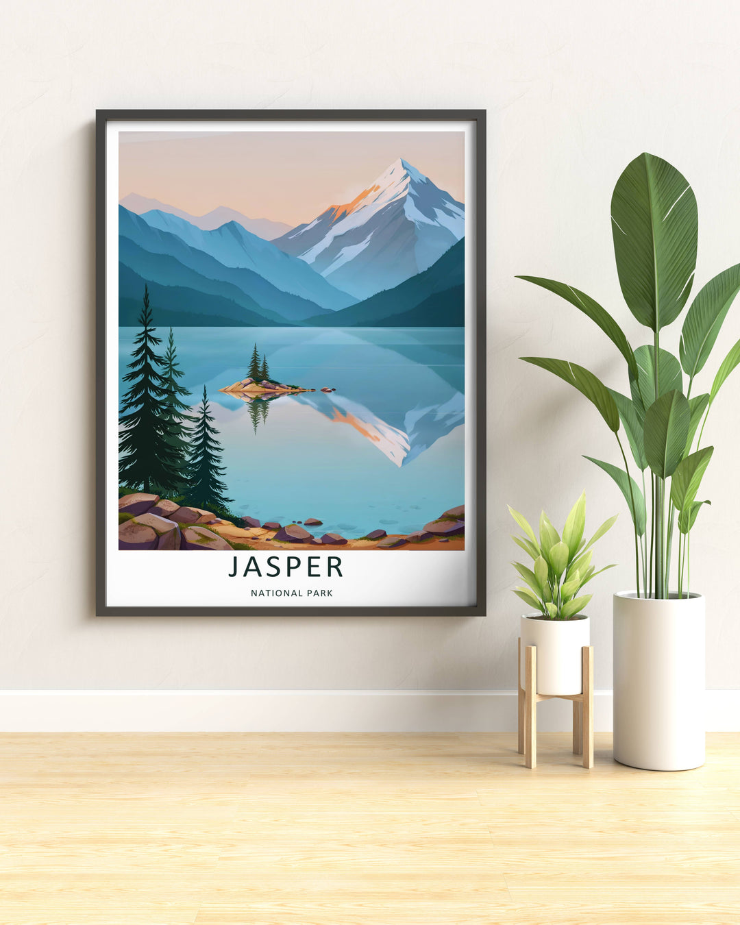 An elegant wilderness print of the scenic Maligne Lake waters in Jasper National Park during a quiet morning, offered as an unframed print, a wrapped canvas, or a premium retro black framed art finish for home styling.
