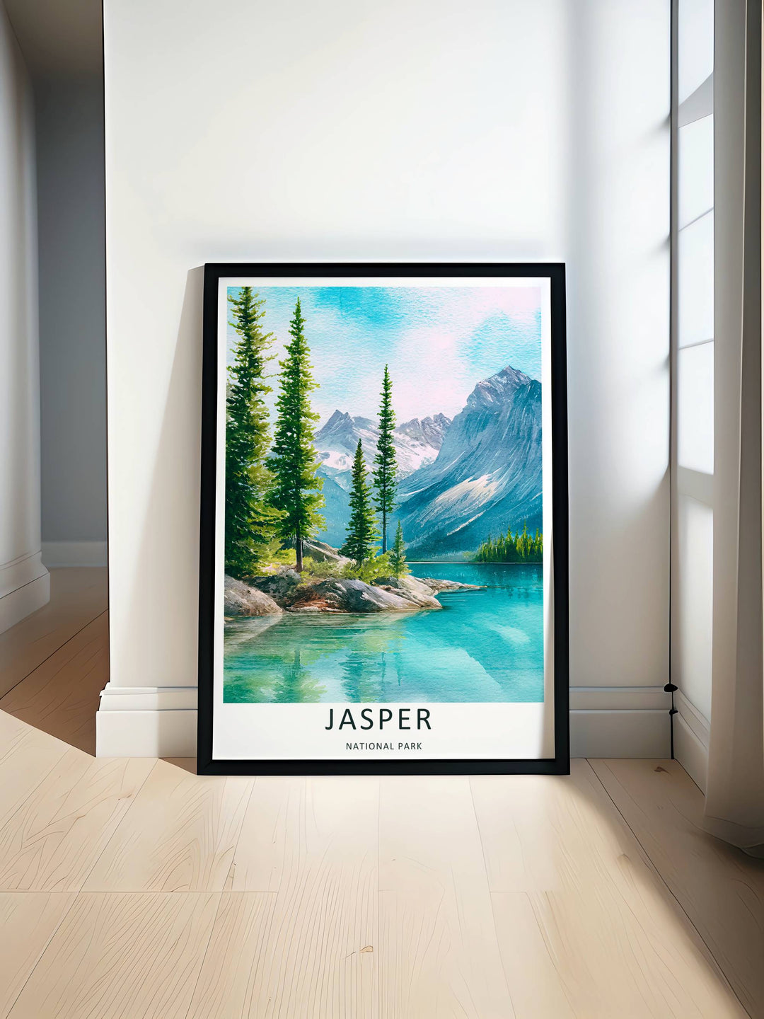 A stylized landscape print displaying a vintage watercolor style Jasper National Park lake viewpoint in Alberta, with options to purchase as an unframed print, a high-quality stretched canvas, or a luxury silver framed display.