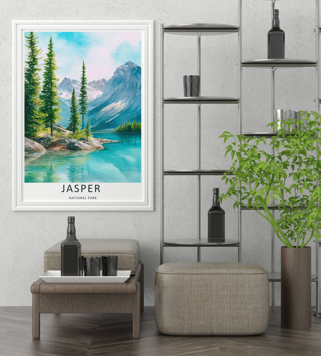 A detailed artistic Jasper National Park travel poster featuring a textured blue sky over the towering Canadian Rockies, selectable as an elegant canvas, a minimalist unframed poster, or a grey framed display.