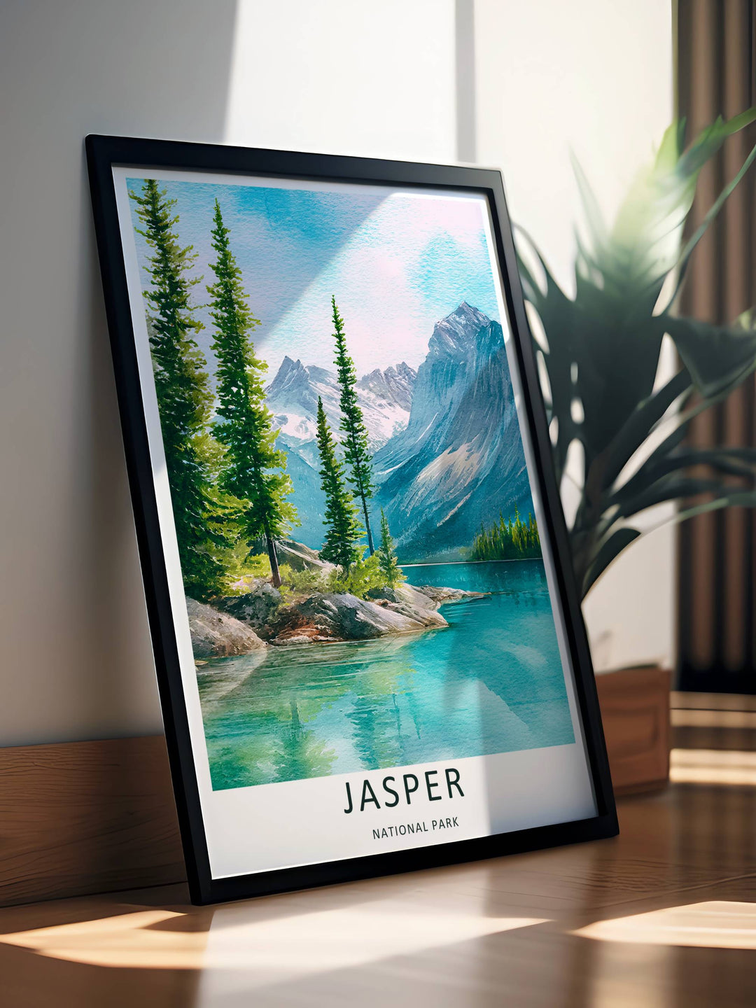 A detailed artistic Jasper National Park travel poster featuring a textured blue sky over the towering Canadian Rockies, selectable as an elegant canvas, a minimalist unframed poster, or a grey framed display.