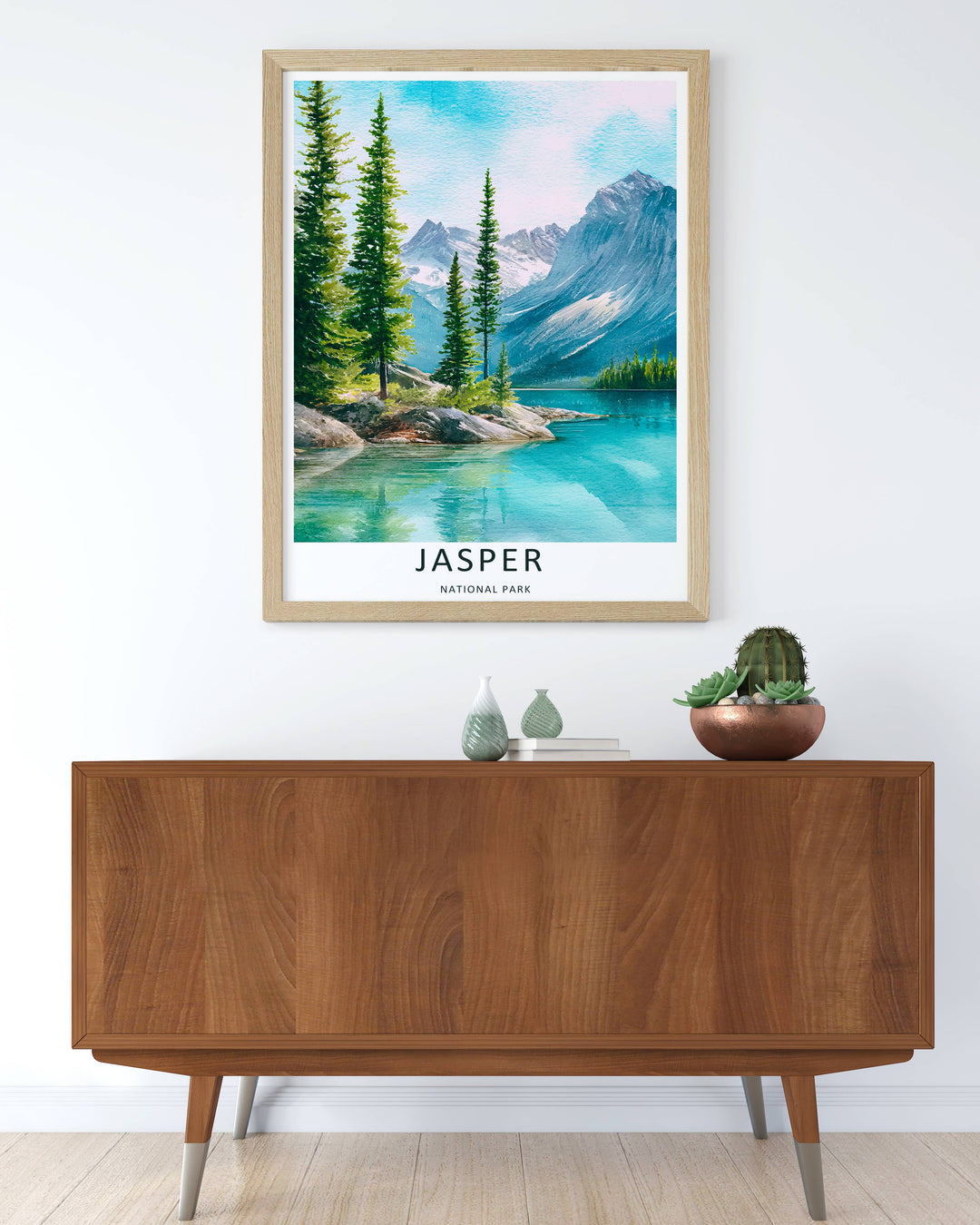 A beautiful lake and mountain theme poster capturing the fluid water reflections of Jasper National Park, available in flexible unframed, framed, or canvas layouts to match your contemporary home decor style.