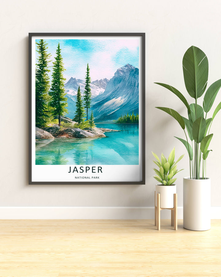 Colorful watercolor illustration print of the famous alpine shoreline in Jasper National Park, crafted as a premium canvas print, an unframed poster, or a gold framed gallery wall statement piece.