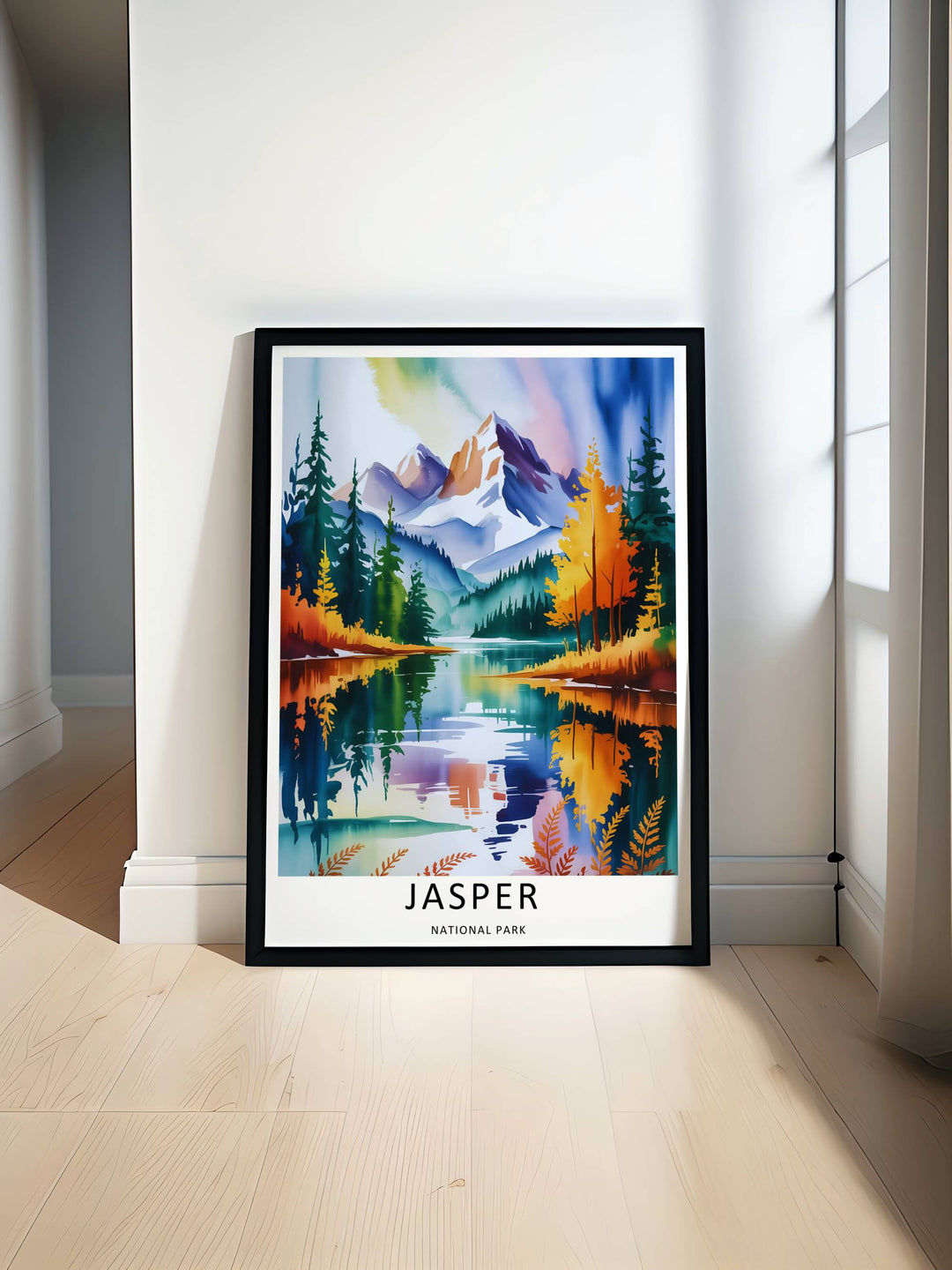 Minimalist Jasper National Park travel poster of the iconic mountain lake trail without text, customizable as a textured canvas piece, an unframed art print, or a premium wood framed wall accent.