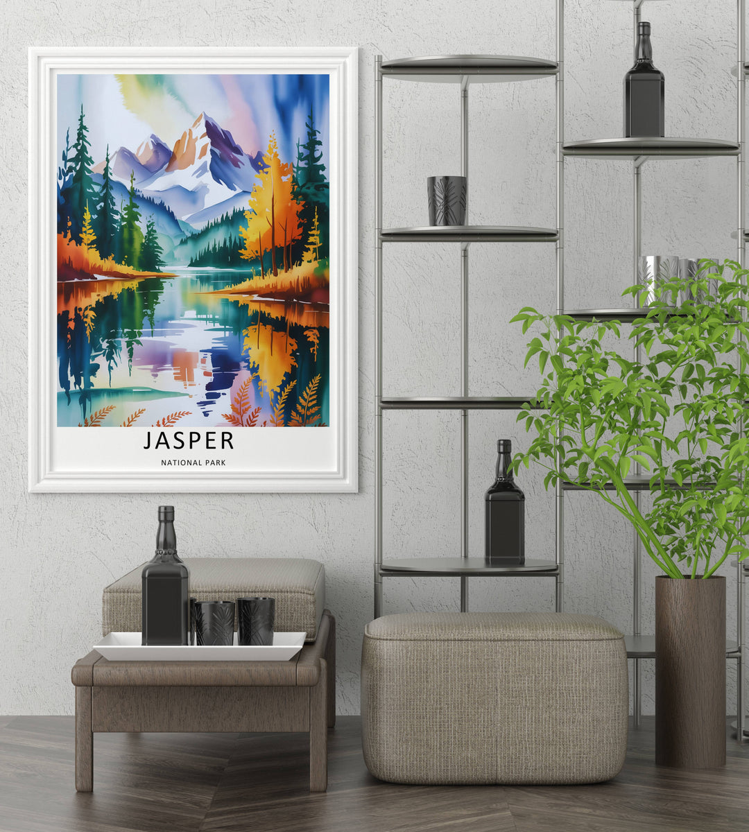 A detailed artistic Jasper National Park travel poster featuring bleeding washes of amber, teal, and purple light across the Canadian Rockies, selectable as a canvas, a minimalist unframed poster, or a grey framed display.