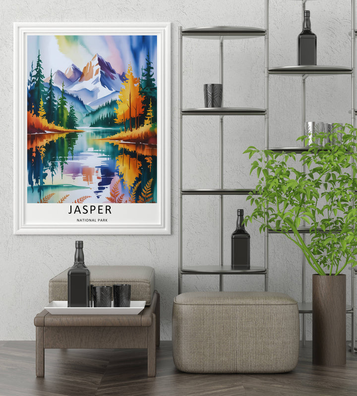 A detailed artistic Jasper National Park travel poster featuring bleeding washes of amber, teal, and purple light across the Canadian Rockies, selectable as a canvas, a minimalist unframed poster, or a grey framed display.