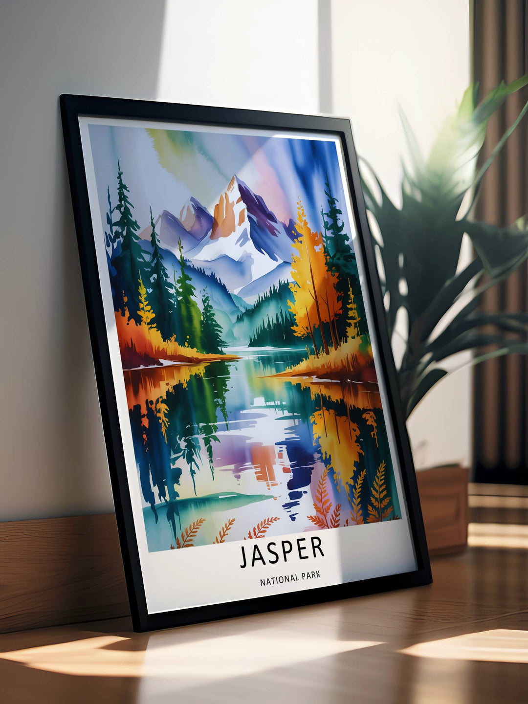 A beautiful lake and mountain theme poster capturing the fluid, multi-colored water reflections of Jasper National Park, available in flexible unframed, framed, or canvas layouts to match your home decor style.