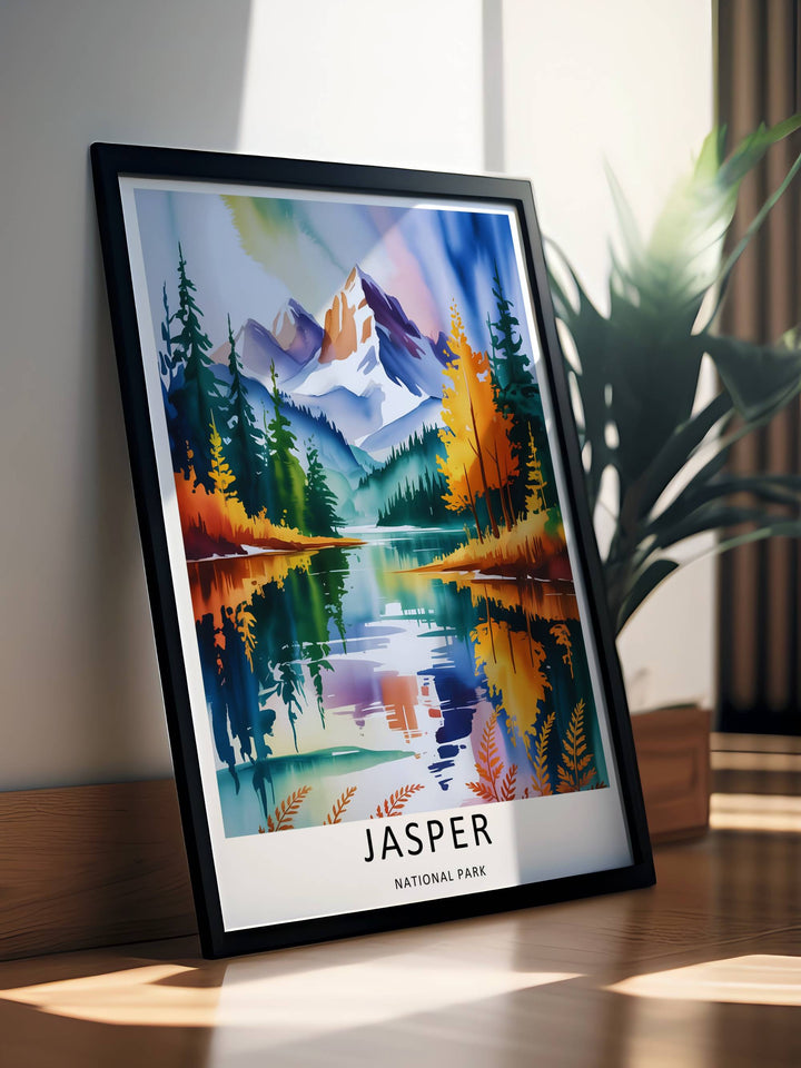 A beautiful lake and mountain theme poster capturing the fluid, multi-colored water reflections of Jasper National Park, available in flexible unframed, framed, or canvas layouts to match your home decor style.