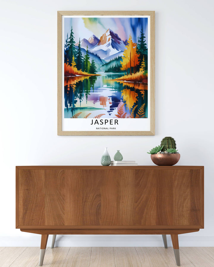 Colorful watercolor illustration print of the famous alpine shoreline and ferns in Jasper National Park, crafted as a premium canvas print, an unframed poster, or a gold framed gallery wall statement piece.