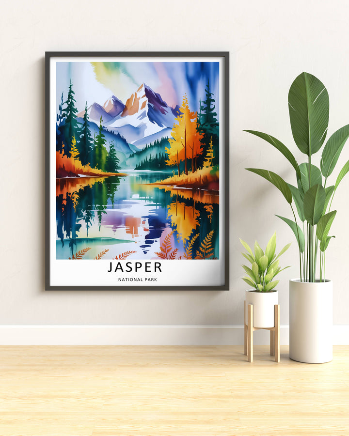 Modern wall art featuring a retro painterly layout of the classic mountain ranges in Jasper National Park, which can be ordered as a stretched canvas, an unframed poster, or a pure gold framed luxury print.