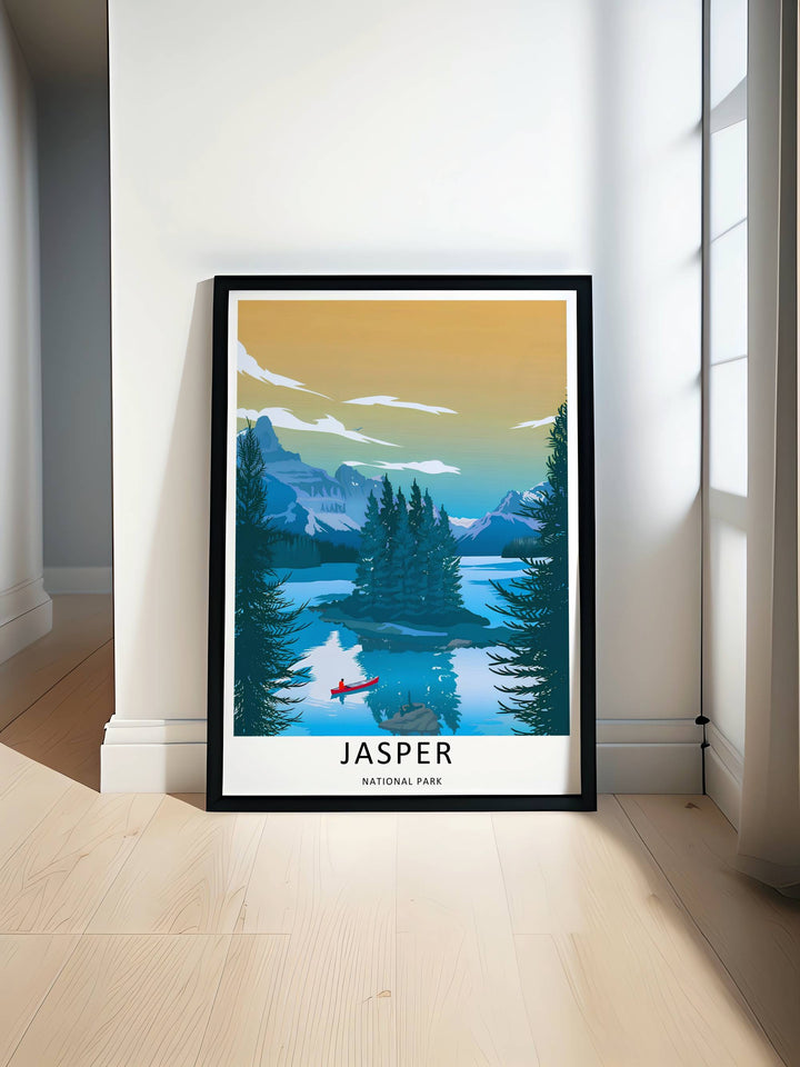 Minimalist Jasper National Park travel poster of the iconic Maligne Lake mountain path without text, customizable as a textured canvas piece, an unframed art print, or a premium wood framed wall accent.