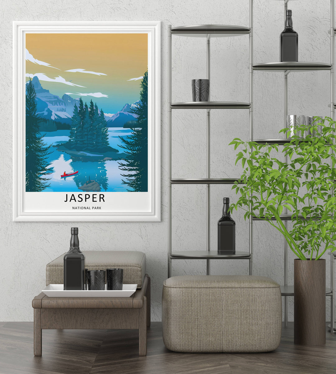 A detailed artistic Jasper National Park travel poster featuring a dramatic yellow and teal sunset sky over the Canadian Rockies, selectable as an elegant canvas, a minimalist unframed poster, or a grey framed display.