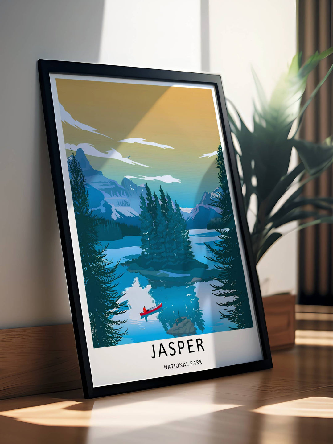 A beautiful lake and mountain theme poster capturing the perfect water reflections of Spirit Island in Jasper National Park, available in flexible unframed, framed, or canvas layouts to match your home decor style.