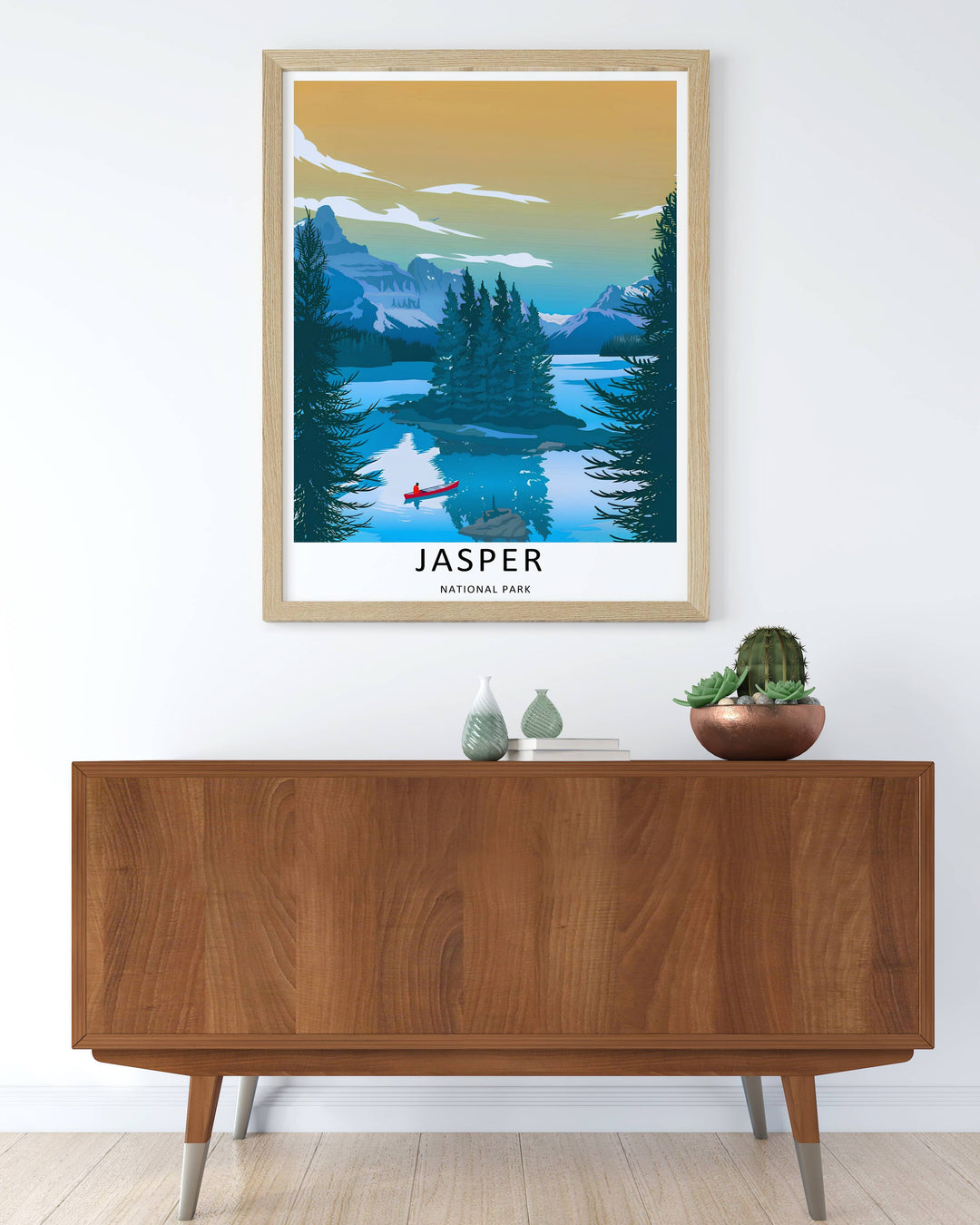 Colorful graphic illustration print of a small red canoe gliding across the glacier water of Jasper National Park, crafted as a premium canvas print, an unframed poster, or a gold framed gallery wall statement piece.