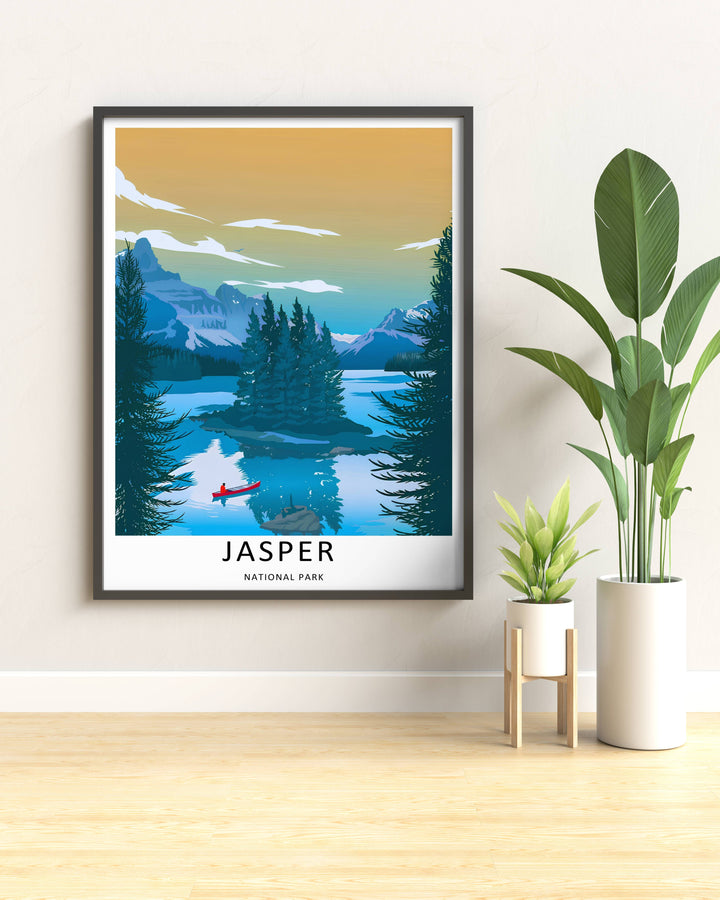 Modern wall art featuring a retro graphic vector layout of the sweeping alpine peaks in Jasper National Park, which can be ordered as a stretched canvas, an unframed poster, or a pure gold framed luxury print.