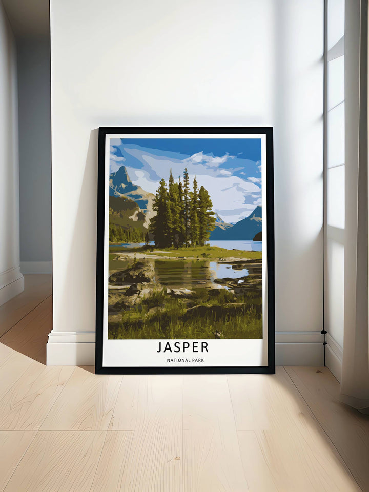 A bold vector graphic work capturing detailed forest shorelines and rocky pools in Jasper National Park, ready to order as an unframed print, wrapped canvas, or a beautifully natural wood framed wall art piece.