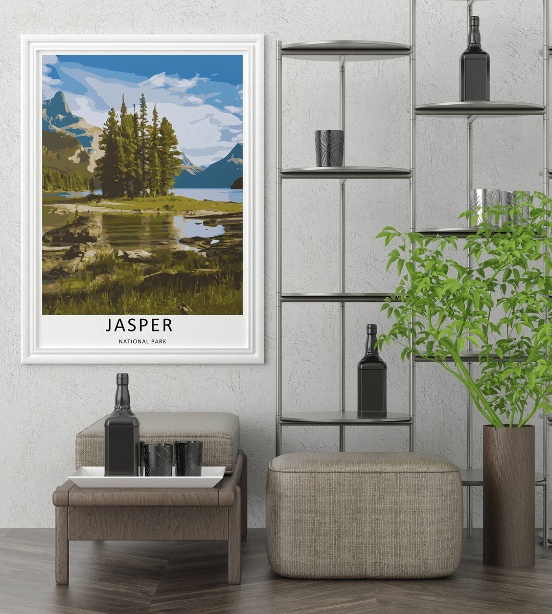 A stylized landscape print displaying a vintage graphic style Jasper National Park lake viewpoint in Alberta, with options to purchase as an unframed print, a high-quality stretched canvas, or a luxury silver framed display.