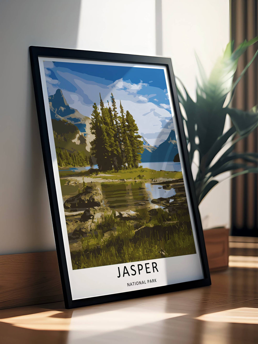 A colorful nature and geometric block design of the world-famous Spirit Island wilderness in Jasper National Park, available in a variety of presentation formats including unframed prints, canvas wall art, and bronze frames.