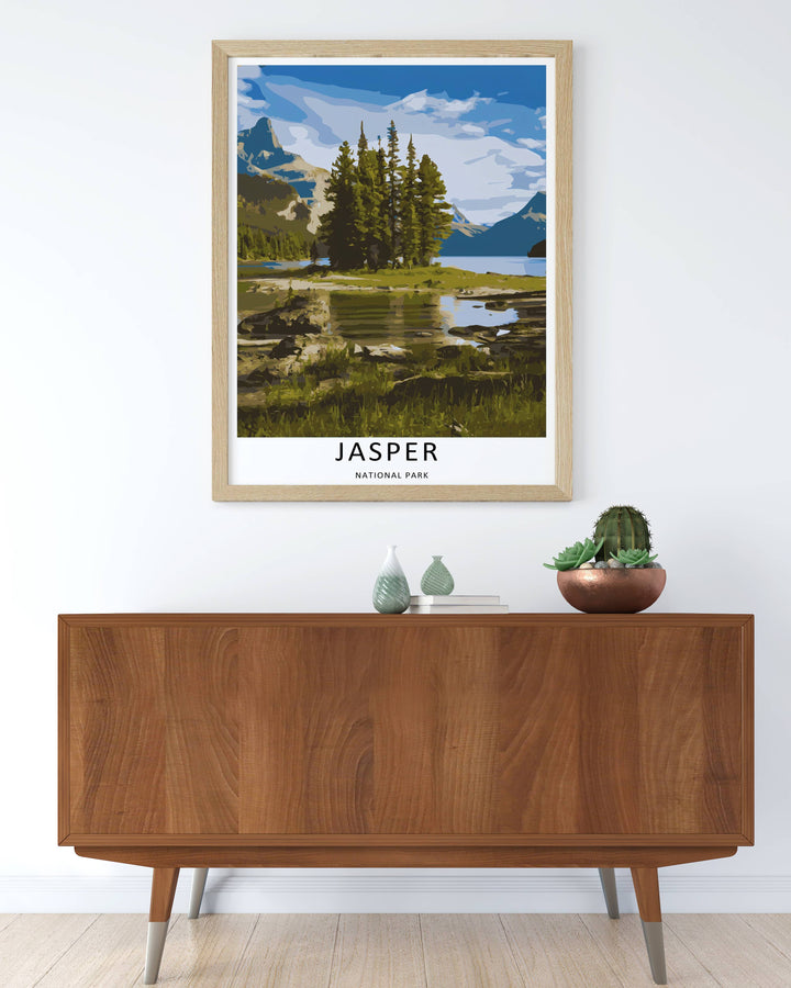 An elegant wilderness print of the scenic lake waters in Jasper National Park during a bright midday afternoon, offered as an unframed print, a wrapped canvas, or a premium retro black framed art finish for home styling.