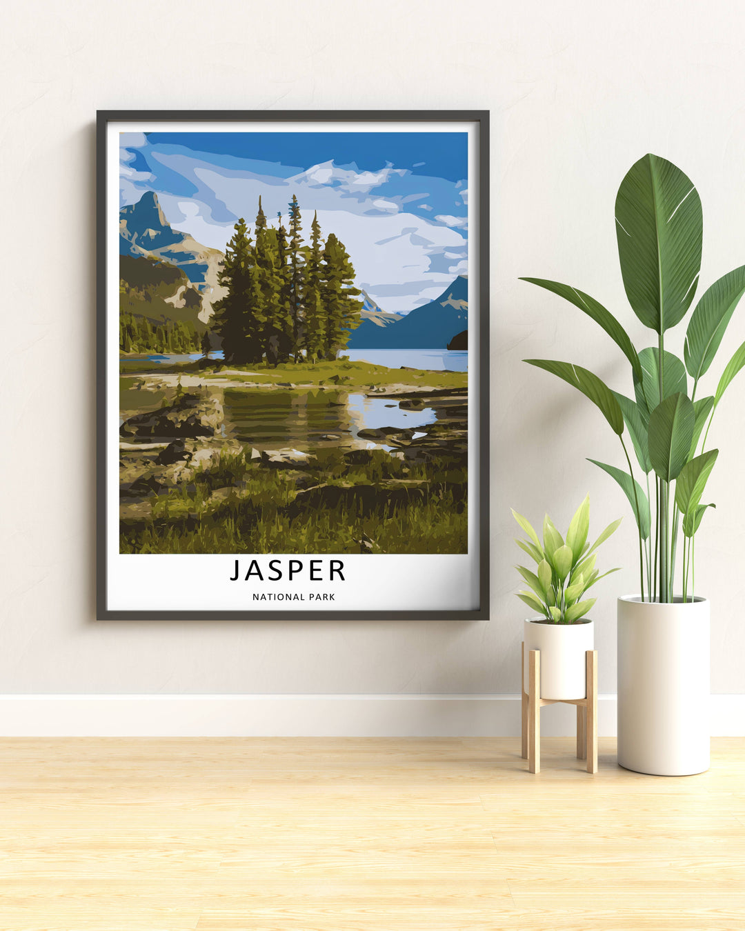Modern wall art featuring a retro screen print style layout of the classic alpine ranges in Jasper National Park, which can be ordered as a stretched canvas, an unframed poster, or a pure gold framed luxury print.