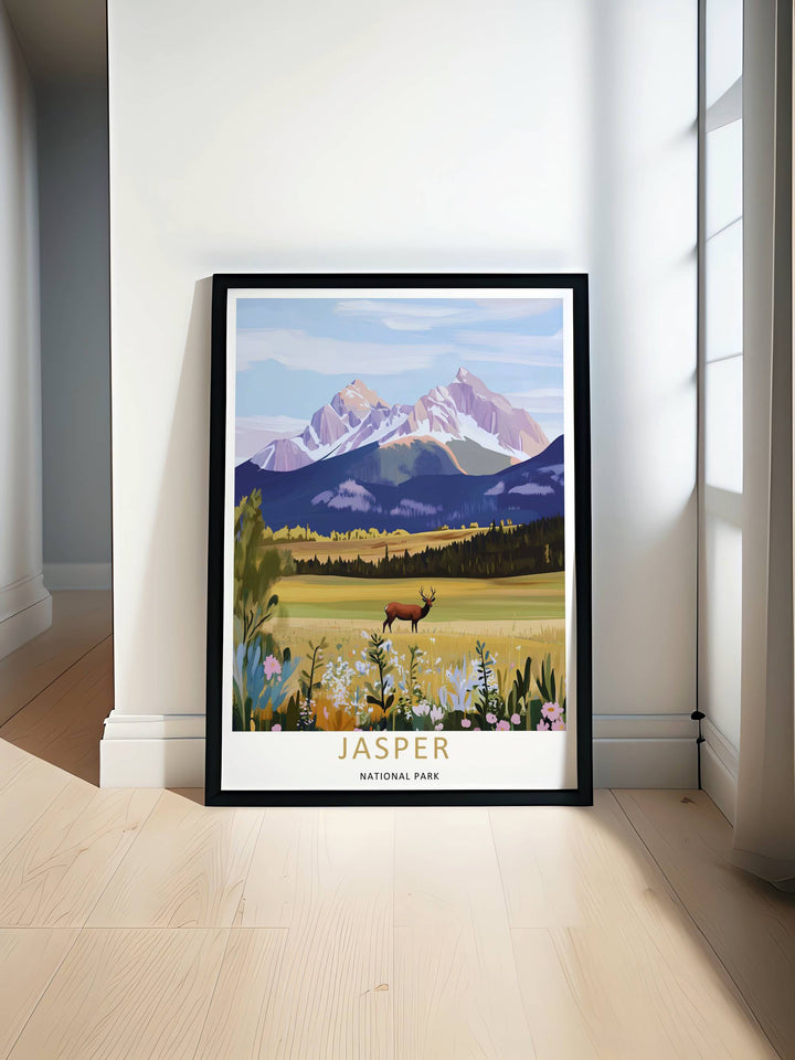 A clean Canadian rockies poster of the classic mid-century elk nature illustration in Jasper National Park from MapYourDreams, manufactured as a canvas print, an unframed poster, or a custom framed masterwork.