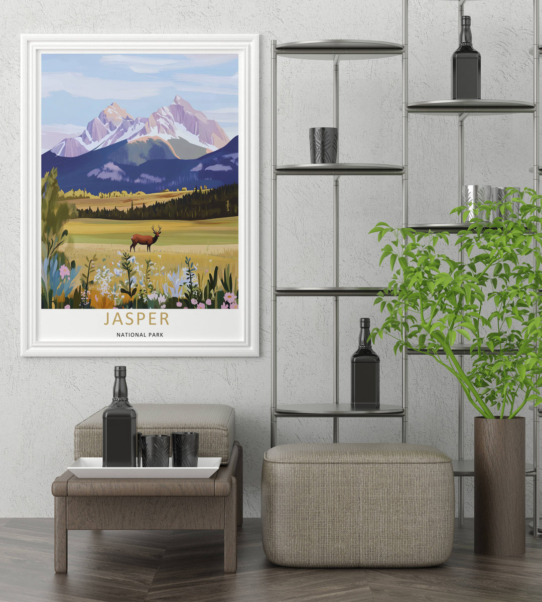 A detailed artistic Jasper National Park travel poster featuring sharp snow-capped mountain peaks under a soft blue sky over the Canadian Rockies, selectable as an elegant canvas, a minimalist unframed poster, or a grey framed display.
