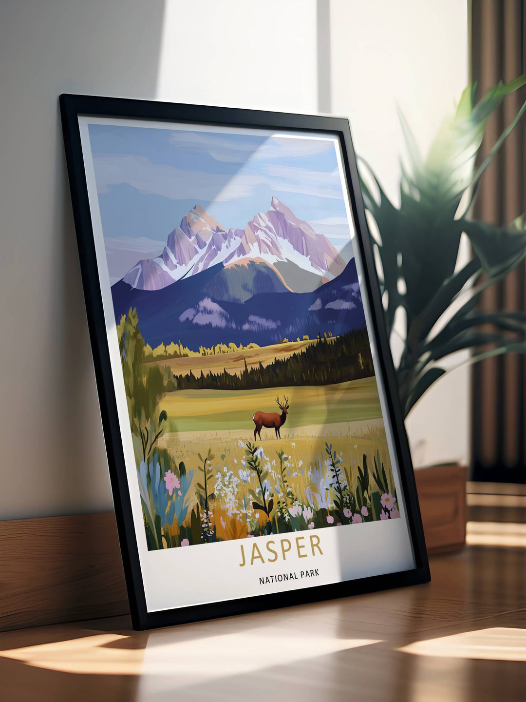 Colorful graphic vector illustration print of a wild animal roaming the vast meadows of Jasper National Park, crafted as a premium canvas print, an unframed poster, or a gold framed gallery wall statement piece.