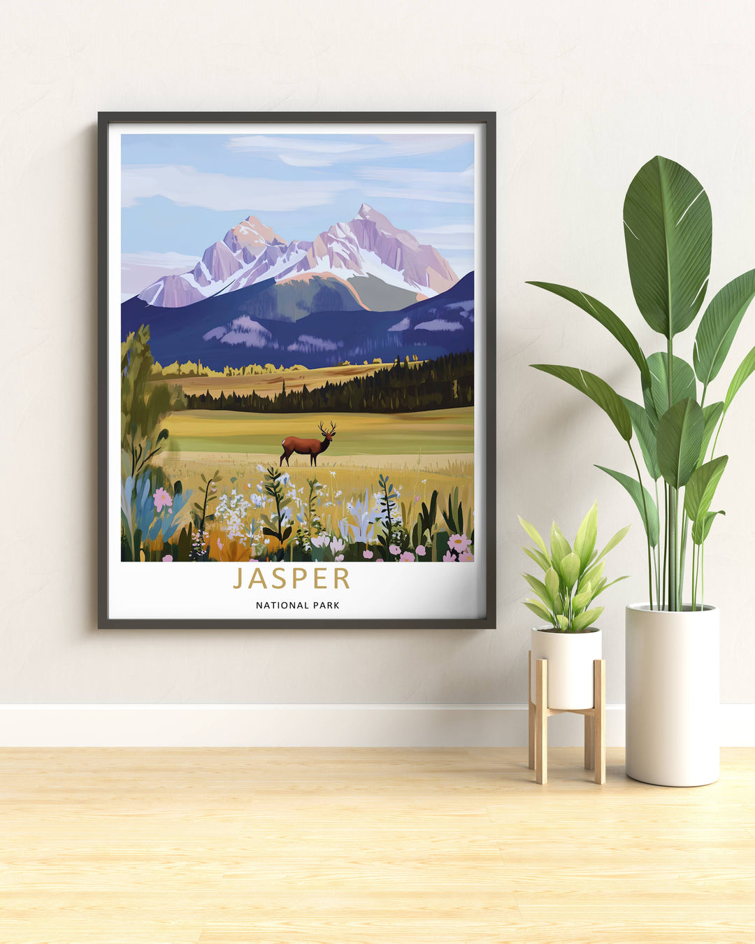 An elegant wilderness print of a majestic elk facing the scenic mountain peaks in Jasper National Park during a clear daytime afternoon, offered as an unframed print, a wrapped canvas, or a premium retro black framed art finish.