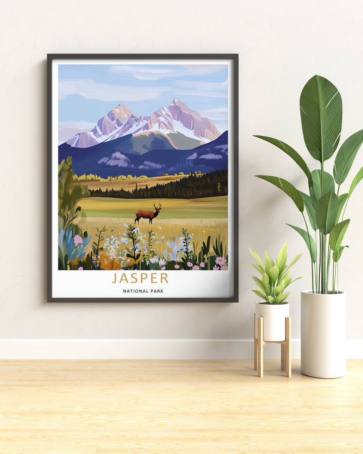An elegant wilderness print of a majestic elk facing the scenic mountain peaks in Jasper National Park during a clear daytime afternoon, offered as an unframed print, a wrapped canvas, or a premium retro black framed art finish.