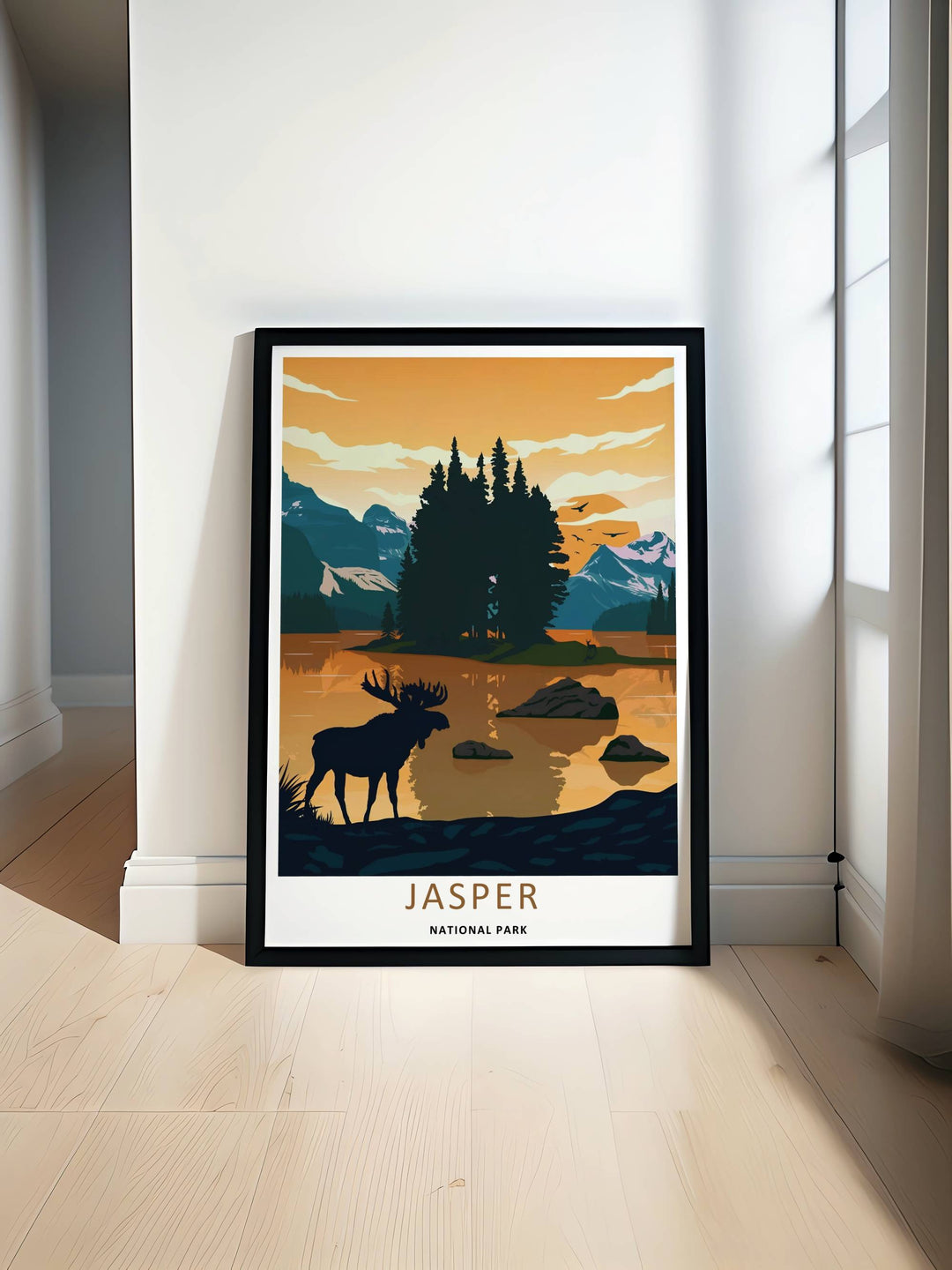 A clean Canadian rockies poster of the classic mid-century moose nature illustration in Jasper National Park from MapYourDreams, manufactured as a canvas print, an unframed poster, or a custom framed masterwork.