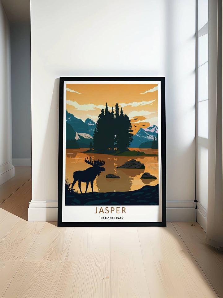 A clean Canadian rockies poster of the classic mid-century moose nature illustration in Jasper National Park from MapYourDreams, manufactured as a canvas print, an unframed poster, or a custom framed masterwork.